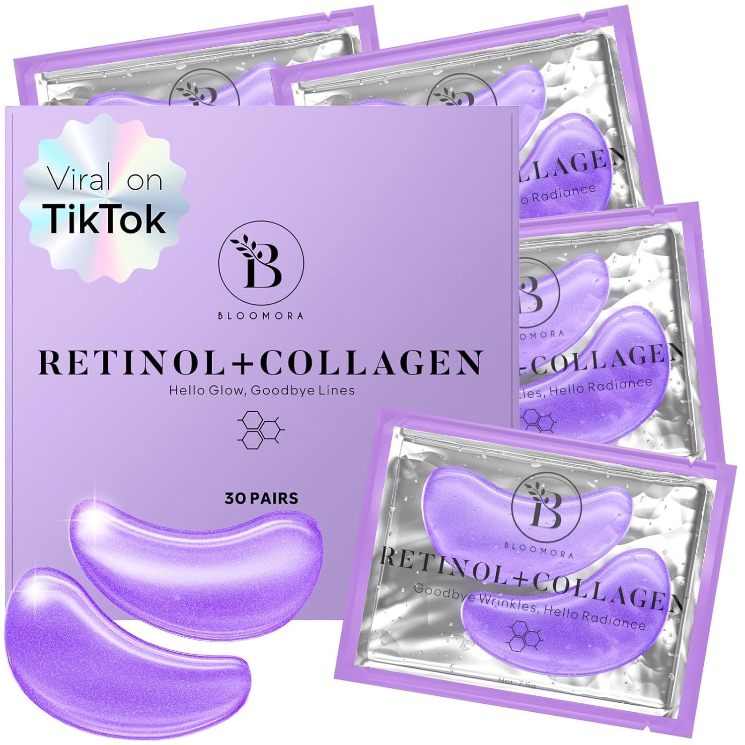 Verpackung der Retinol & Collagen Augenpads mit vier Einzelpackungen und lila Augenpad-Form, 30 Paar