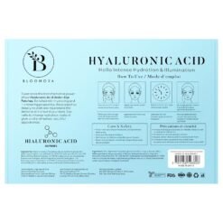 Rückseite der Verpackung mit Anwendungshinweisen und Inhaltsstoffen der Hyaluronsäure Augenpads