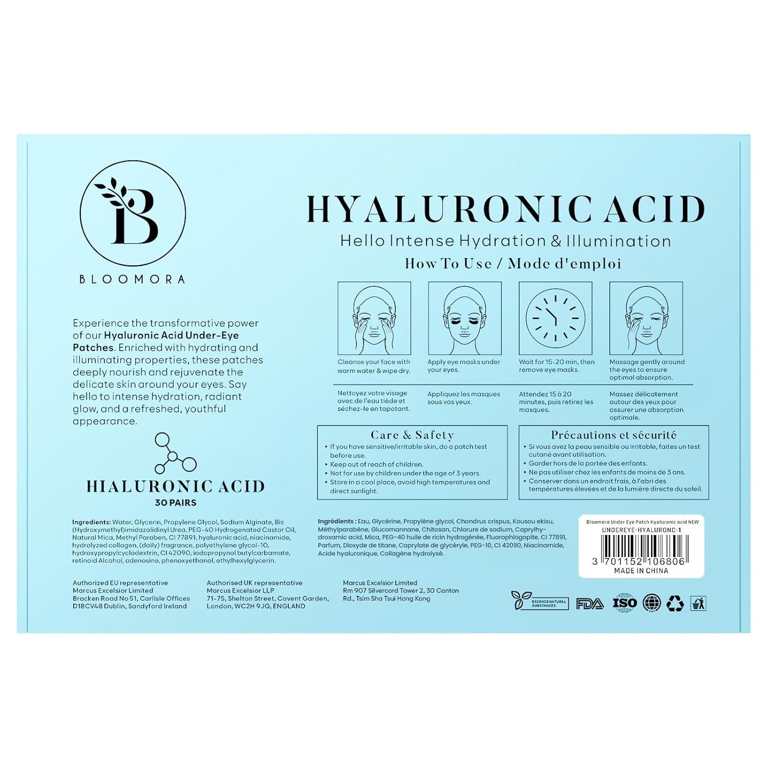 Rückseite der Verpackung mit Anwendungshinweisen und Inhaltsstoffen der Hyaluronsäure Augenpads