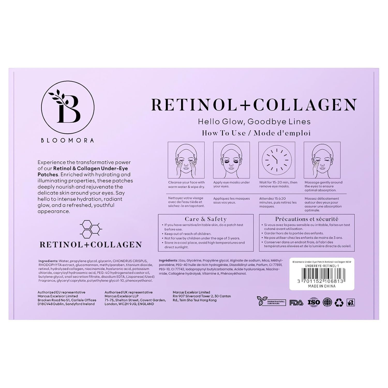 Rückseite der Verpackung mit Anwendungshinweisen und Inhaltsstoffen der Retinol & Collagen Augenpads