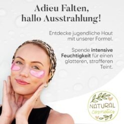 Frau mit Kopfband trägt pinke Rose-Extract-Augenpads aus dem Augenpads Mix