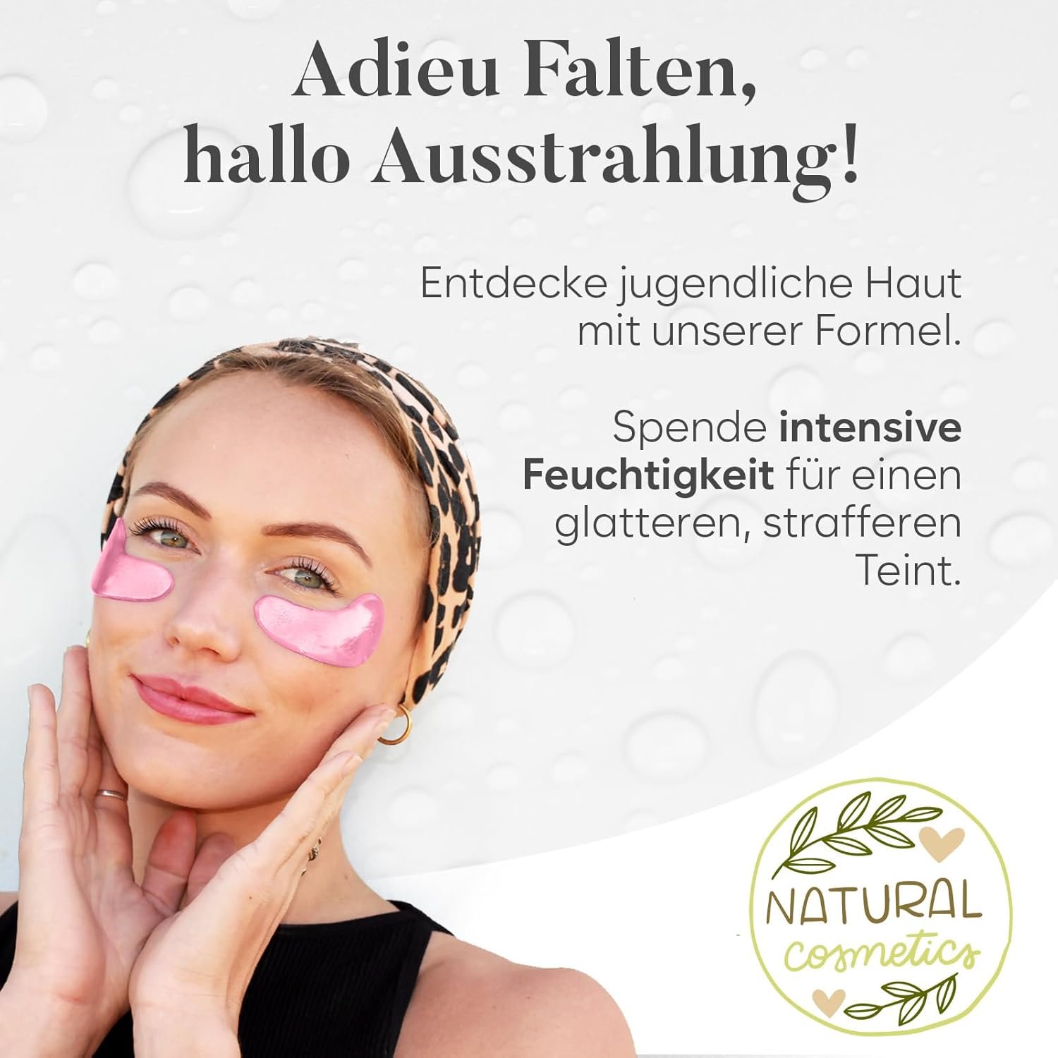 Frau mit Kopfband trägt pinke Rose-Extract-Augenpads aus dem Augenpads Mix