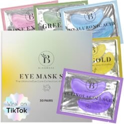 Eye Mask Set Verpackung mit fünf Augenpad-Sorten: Rose Extract, Green Tea, Hyaluronsäure, 24K Gold und Retinol+Collagen