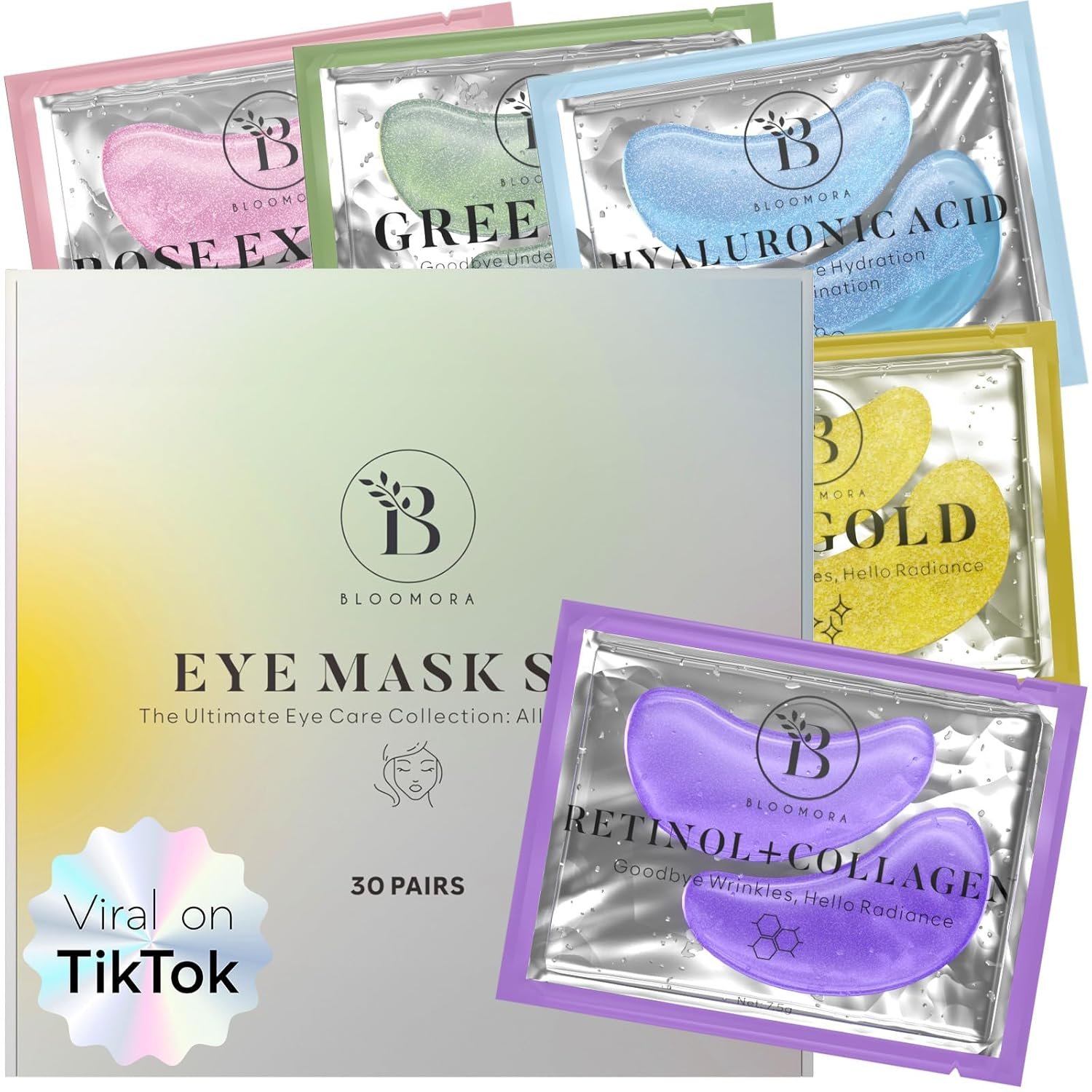 Eye Mask Set Verpackung mit fünf Augenpad-Sorten: Rose Extract, Green Tea, Hyaluronsäure, 24K Gold und Retinol+Collagen