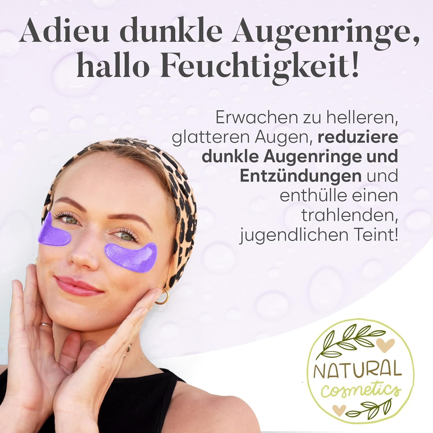 Frau mit Kopfband trägt lila Retinol & Collagen Augenpads unter den Augen