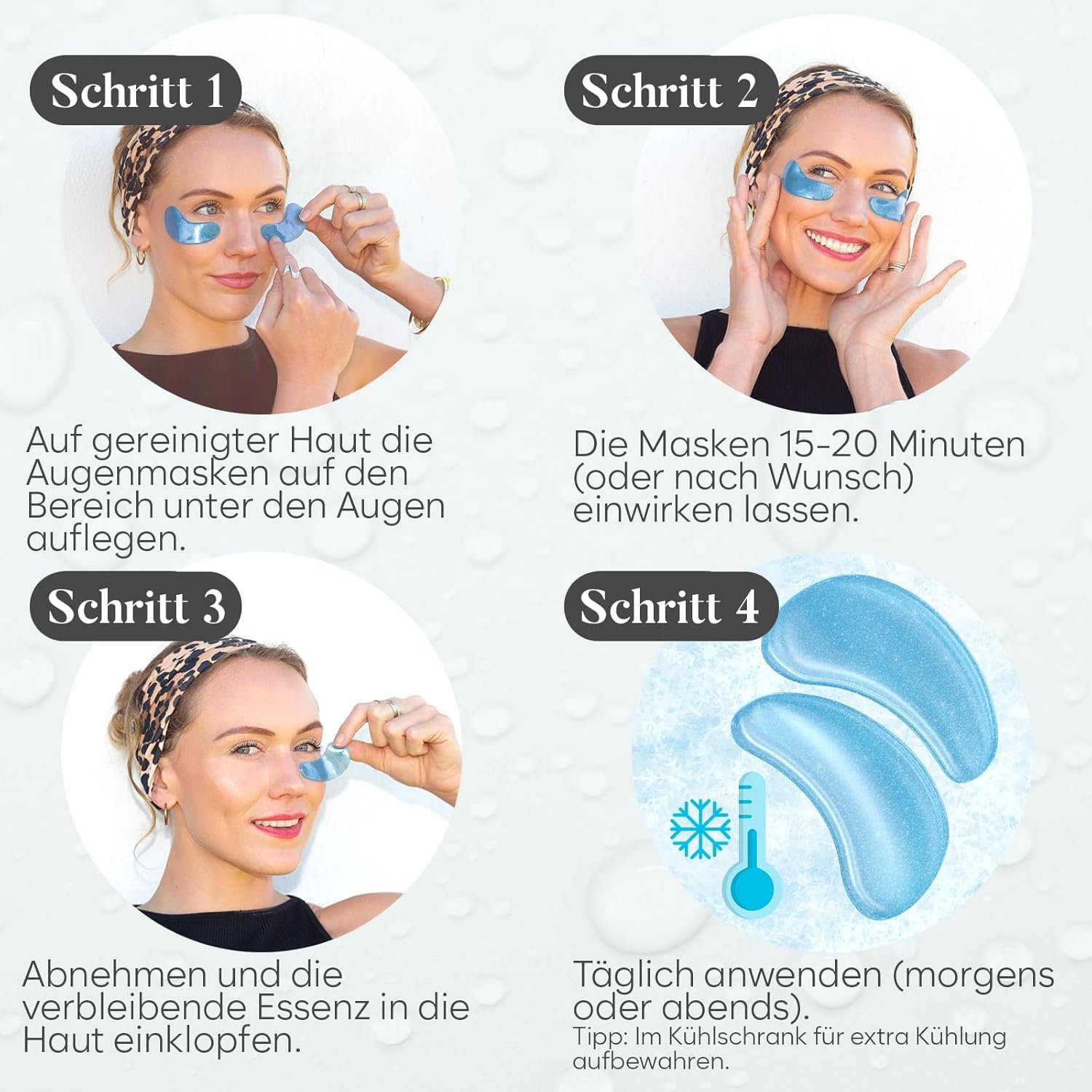 Anleitung in vier Schritten zur Anwendung der Hyaluronsäure Augenpads