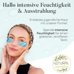 Frau mit Kopfband trägt hellblaue Hyaluronsäure Augenpads unter den Augen