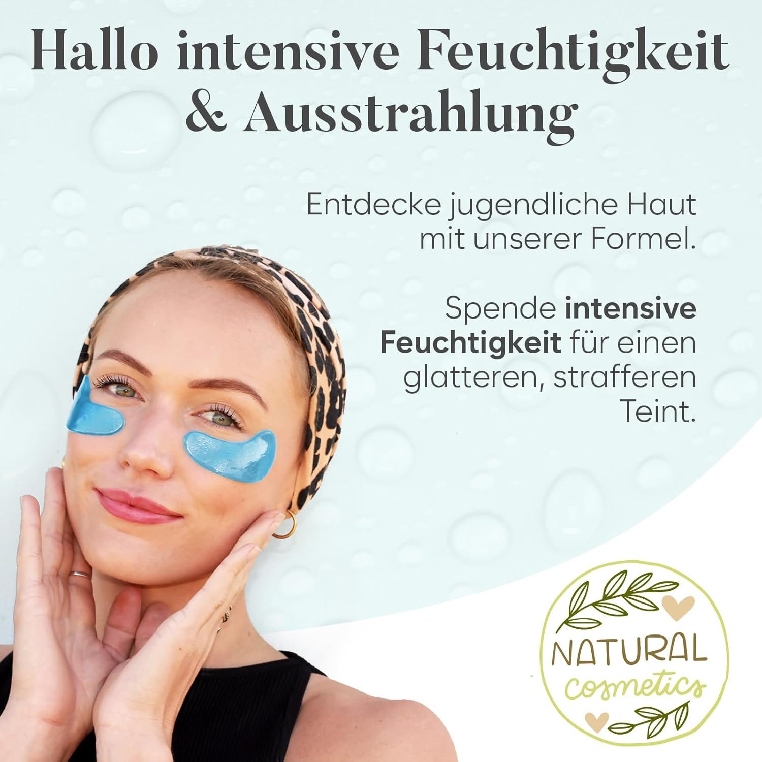 Frau mit Kopfband trägt hellblaue Hyaluronsäure Augenpads unter den Augen
