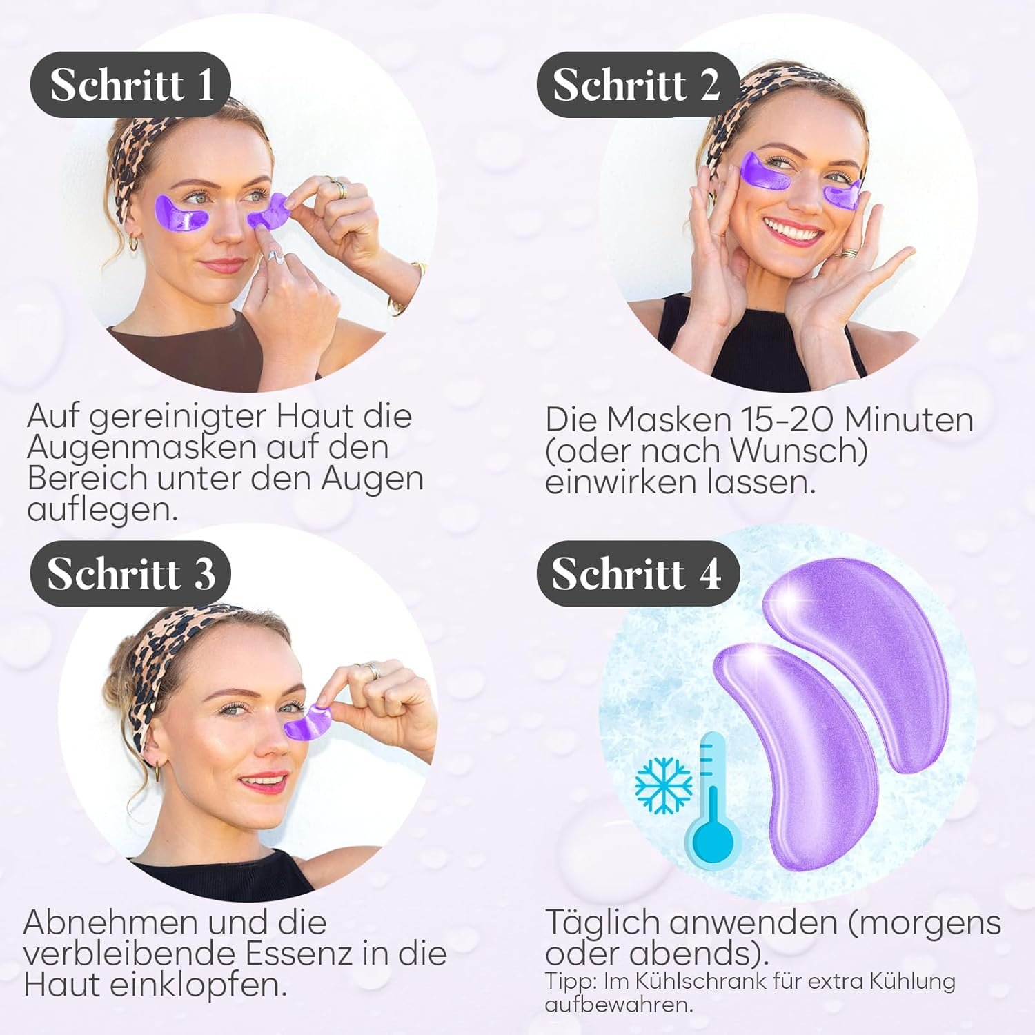 Anleitung in vier Schritten zur Anwendung der Retinol & Collagen Augenpads