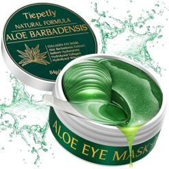 Dose mit grünen Aloe-Vera-Augenpads und Dosierlöffel, Wassertropfen-Grafik im Hintergrund