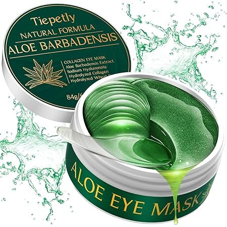 Dose mit grünen Aloe-Vera-Augenpads und Dosierlöffel, Wassertropfen-Grafik im Hintergrund