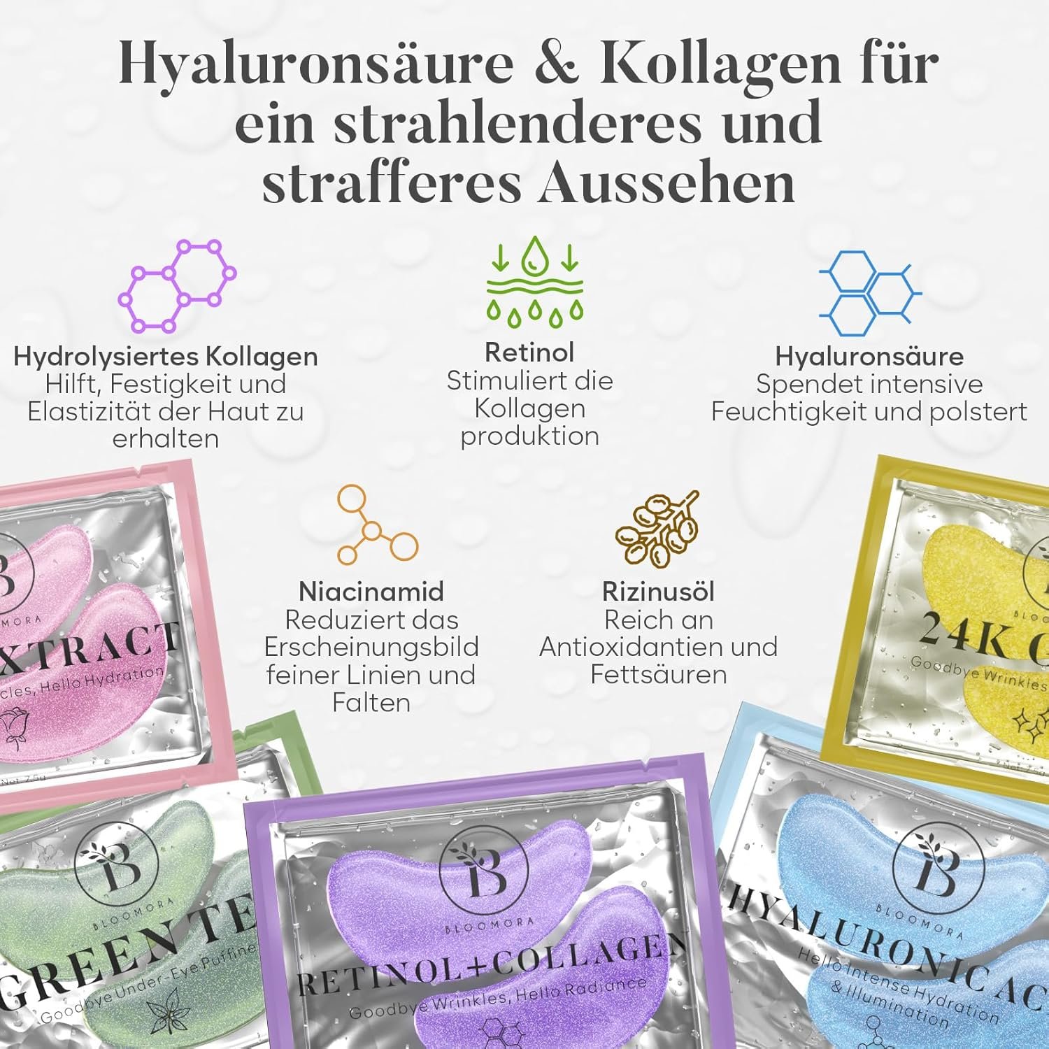 Infografik zu den fünf Augenpad-Formeln mit Inhaltsstoffen wie Retinol, Hyaluronsäure und Kollagen