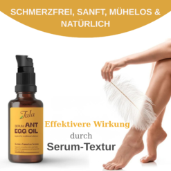 Tala Ameisenei-Öl Serum Fläschchen neben glatten Beinen, Werbung für sanfte Haarentfernung