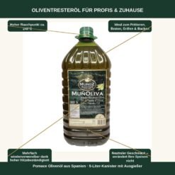 Infografik zu Oliventresteröl: hoher Rauchpunkt 240°C, ideal zum Frittieren, Braten, Grillen, mehrfach wiederverwendbar