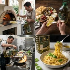 Bildkollage: Profikoch im Steinofen, Brotzeitbrett mit Käse und Oliven, Wok-Flambieren in Profiküche, Pasta mit Basilikum
