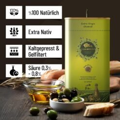Elea Minon Olivenöl beim Verzehr mit frischem Brot und Oliven auf Holztisch