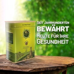 Elea Minon Olivenöl Kanister im Freien, Nahaufnahme
