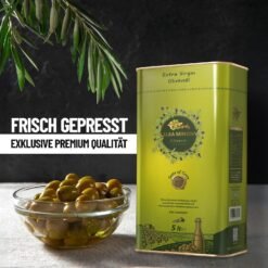 Elea Minon Olivenöl Kanister neben einer Schale frischer Oliven