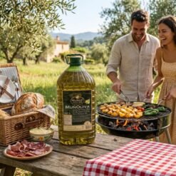Paar grillt gemeinsam im Freien mit Muvax Oliventresteröl auf dem Picknicktisch, Olivenhain im Hintergrund